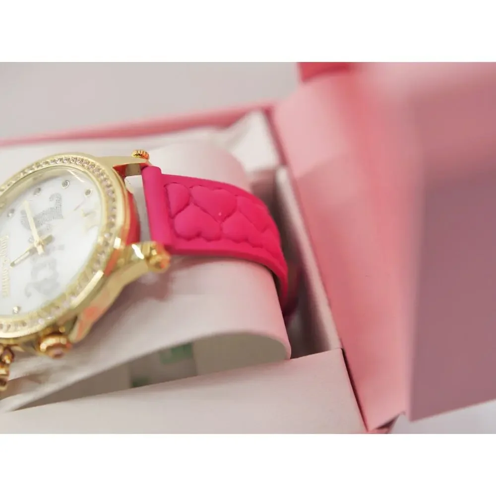 Juicy Couture Women Gold Tone Crystal Watch Hot Pink Heart Strap Hanging J Charm
